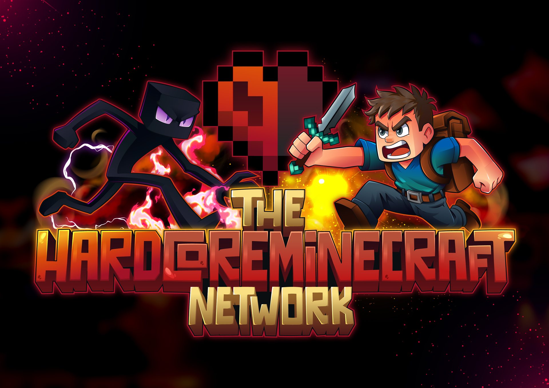 The Hardcore Minecraft Network key artwork featuring a survivor, hostile creature, and Hardcore heart
